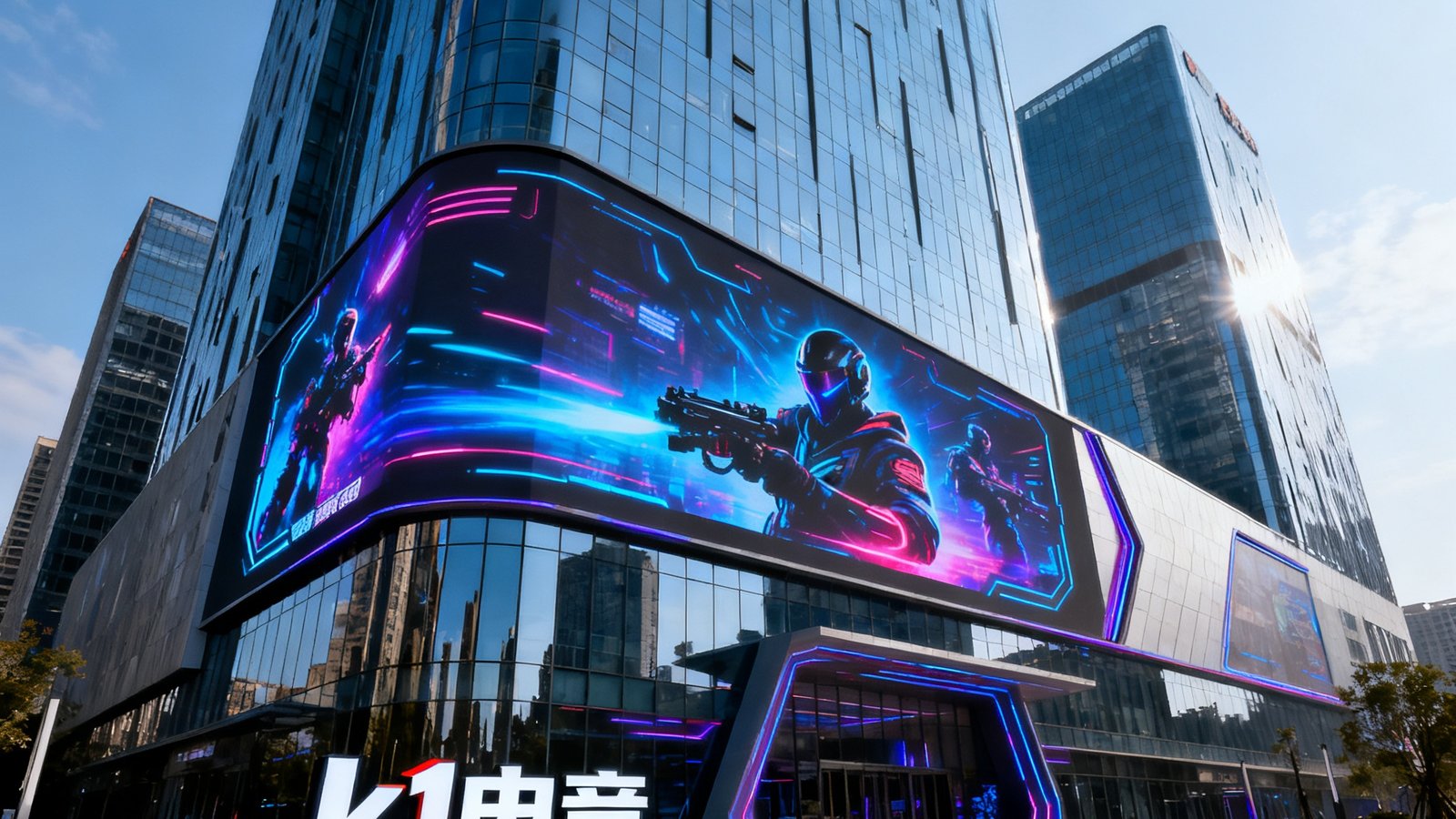 上海张江高科技园区电竞产业大厦外景，现代化的玻璃幕墙建筑高耸入云，建筑外立面装饰着巨幅电竞主题LED屏幕，楼前广场上立着k1电竞的品牌标识