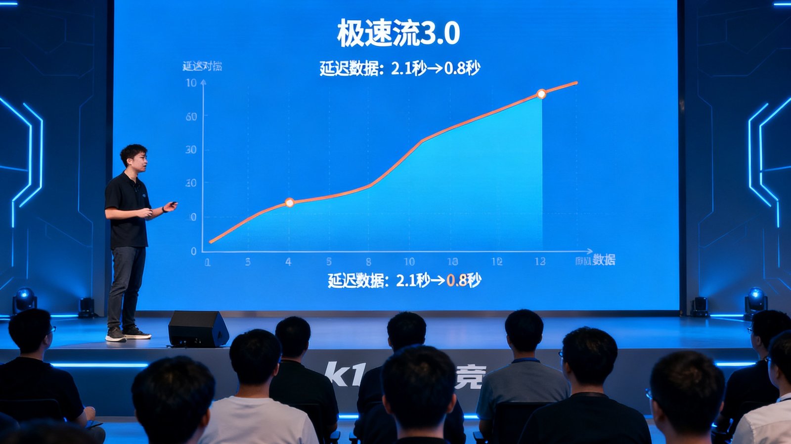 k1电竞技术团队在发布会上展示极速流3.0技术架构图，大屏幕上显示着延迟数据从2.1秒降至0.8秒的对比曲线，现场嘉宾专注聆听技术讲解