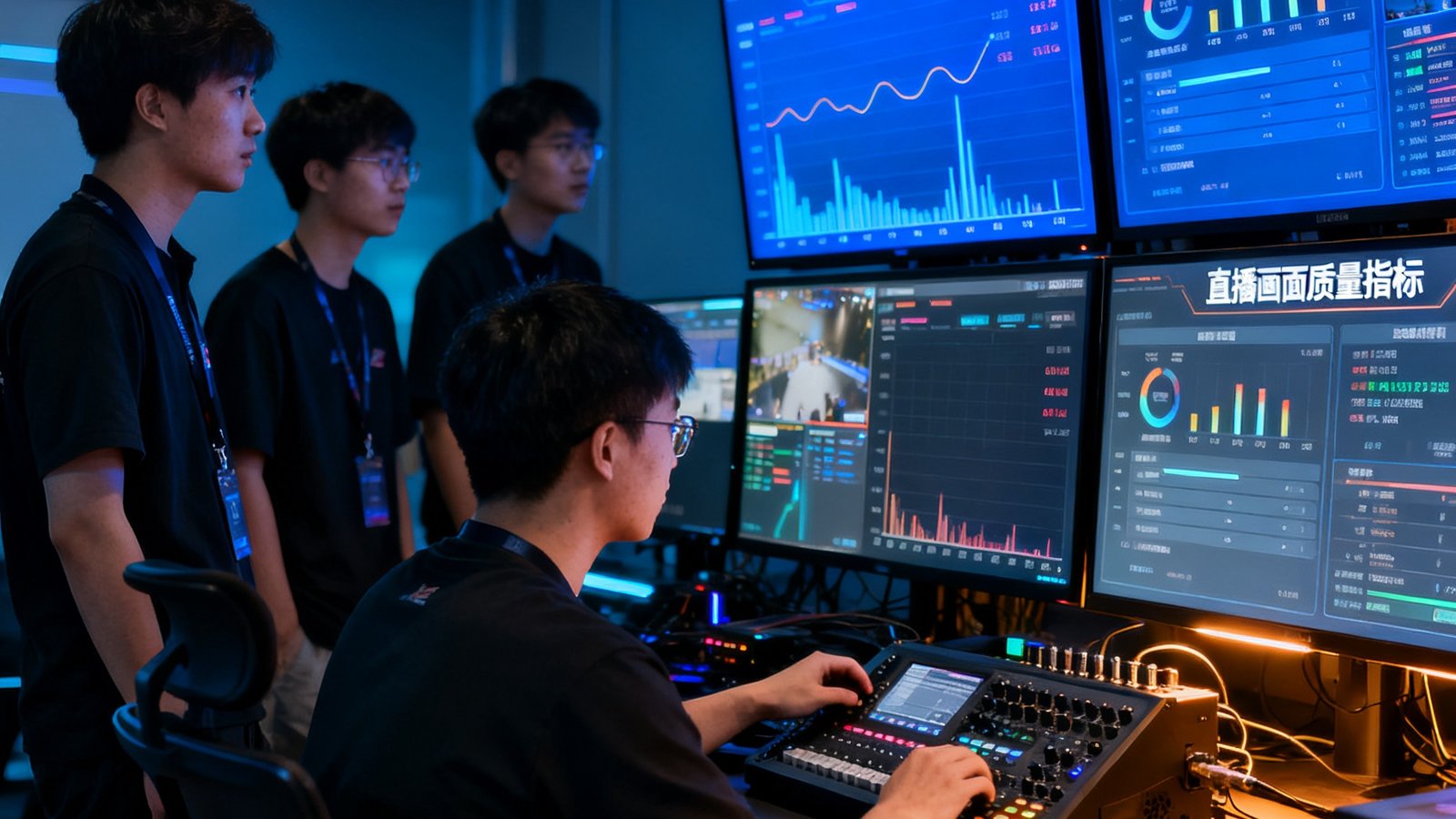 k1电竞技术团队在监控中心实时追踪数据传输，多块屏幕上显示着网络延迟数据和直播画面质量指标，技术员正在优化流媒体传输参数