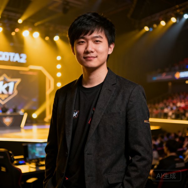 k1电竞创始人陈昊，前DOTA2职业选手，身穿深色休闲西服站在电竞舞台背景前，表情自信沉稳，身后隐约可见赛事灯光和观众席