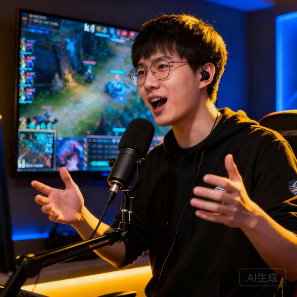k1电竞解说总监老猫，前DOTA2职业辅助选手，正在直播间内面对麦克风激情解说，手势生动有力，背景屏幕上显示着比赛实时画面