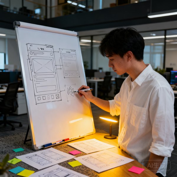 k1电竞首席产品设计师苏瑶，正在白板上绘制用户界面交互草图，周围散落着设计稿和彩色便签，她专注于思考用户体验的每个细节